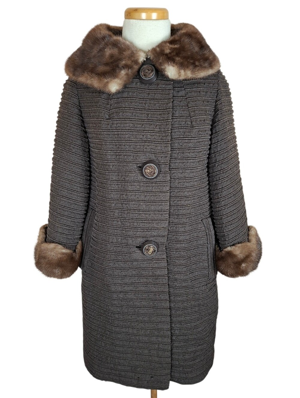 Vintage 1960s Winter Coat Mink Collar And Cuff Real Fur Accent Fully Lined